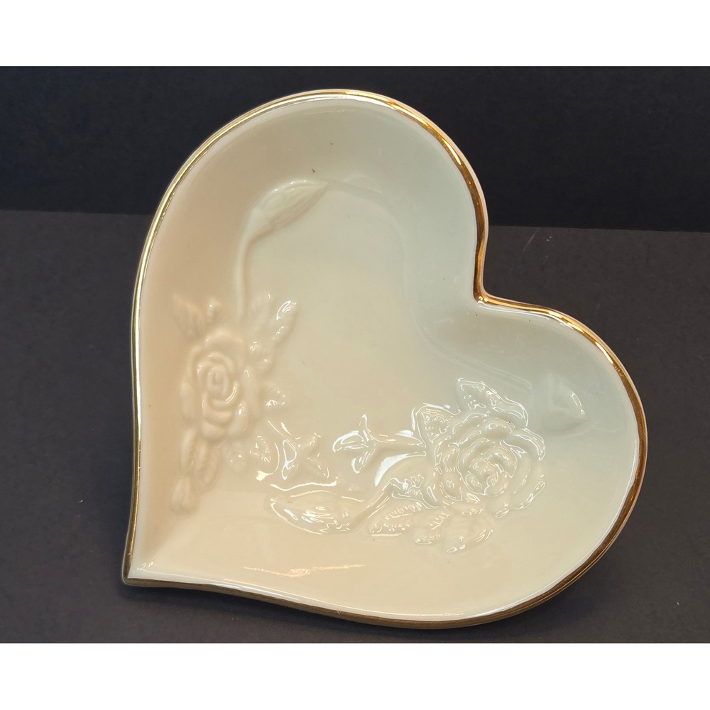 Lenox Heart Shaped Trinket Dish Porcelain Gold Rim Embossed Rose Ring Bowl 4"